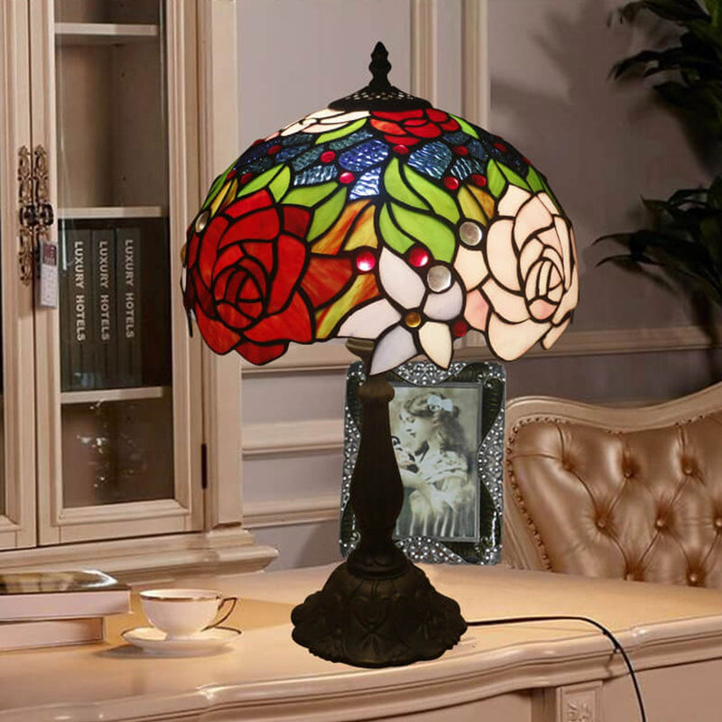 European Vintage Rose Stained Glass 1-Light Table Lamp