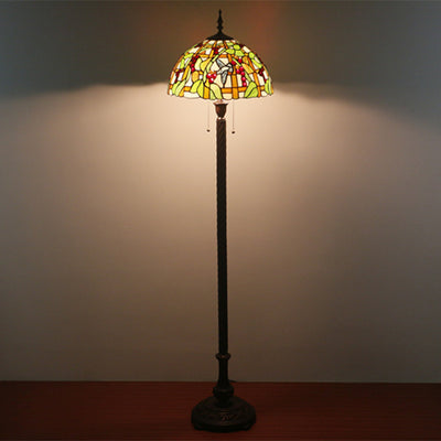 European Tiffany Fruit Bird Stained Glass Dome 2-Light Standing Floor Lamp