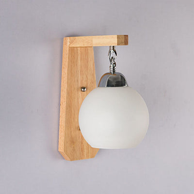 Japanese Simple Glass Round Shade Wood Arm 1-Light Wall Sconce Lamp