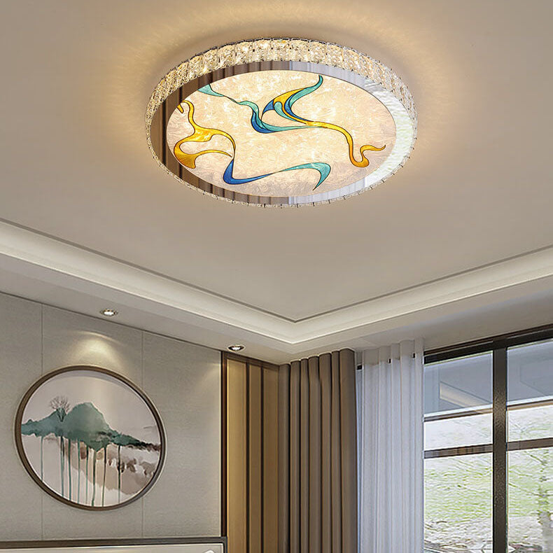 Modern Luxury Enamel Crystal Round LED Flush Mount Ceiling Light