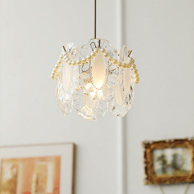 Traditional French Feather Pearl Petal Hardware Glass 1-Light Pendant Light For Bedroom