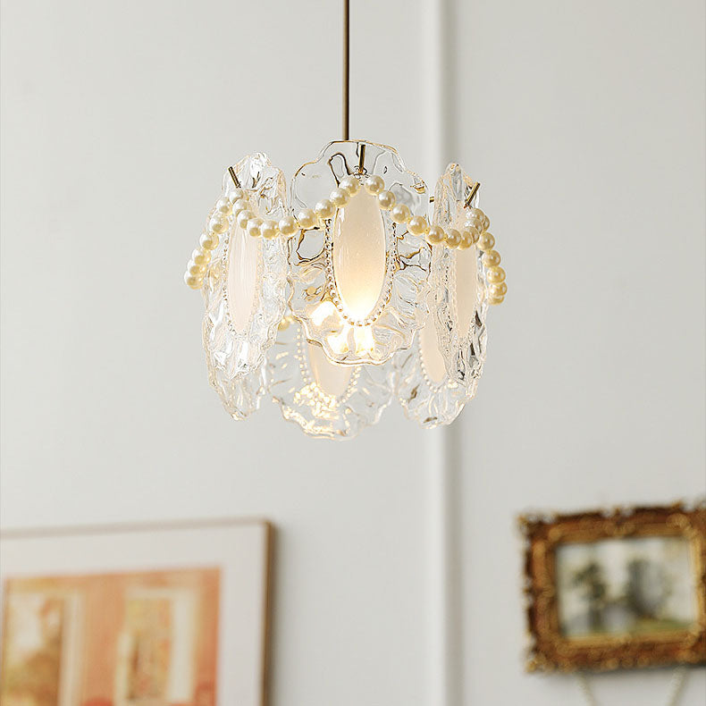 Traditional French Feather Pearl Petal Hardware Glass 1-Light Pendant Light For Bedroom