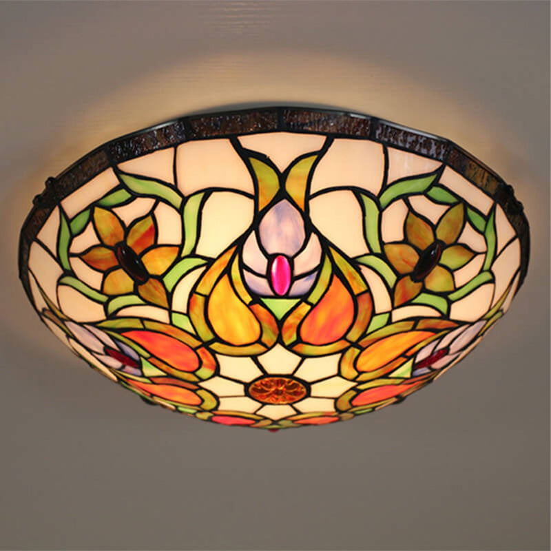 European Tiffany Flowers Stained Glass 3-Light Flush Mount Ceiling Light
