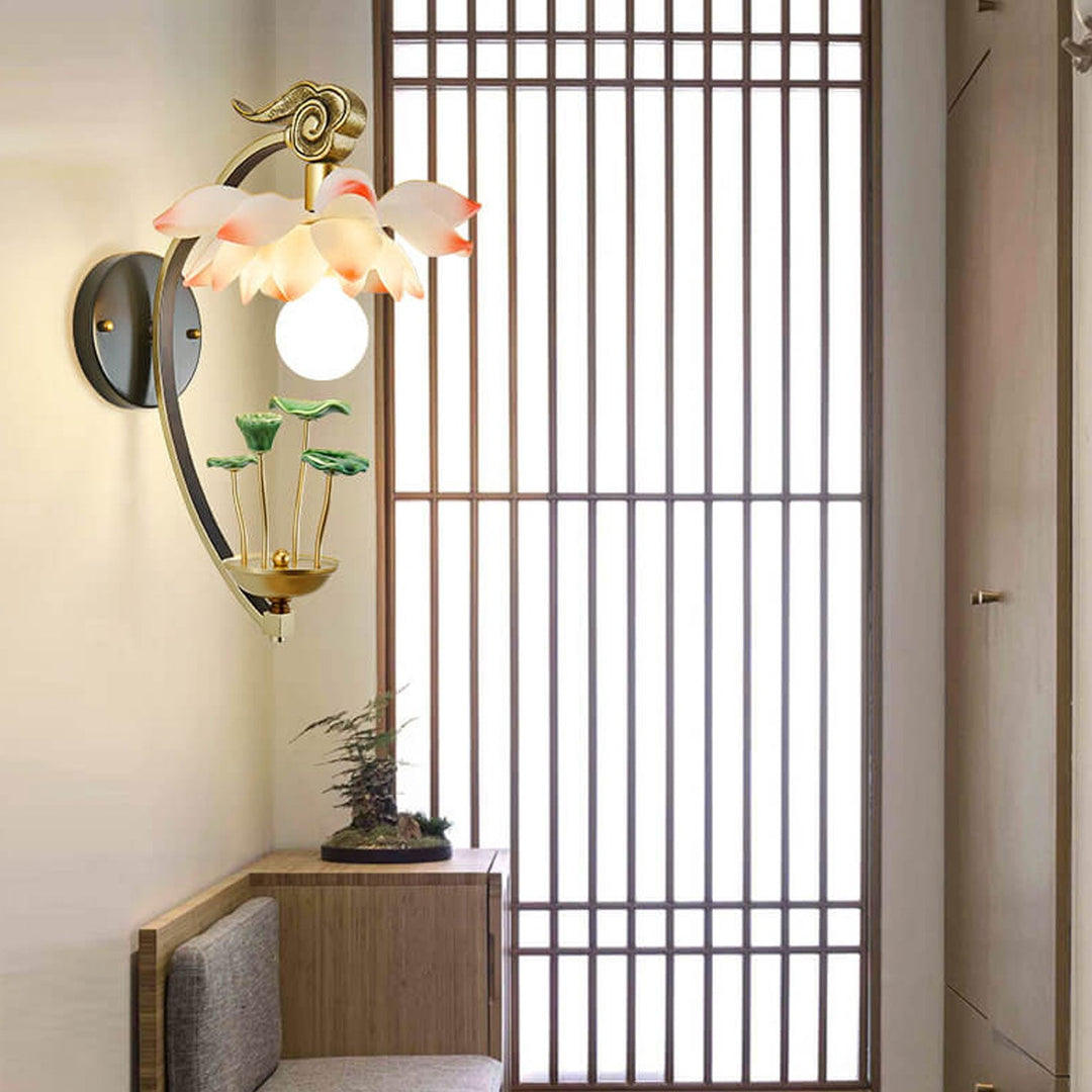 Applique murale moderne en céramique de lotus chinois à 1 lumière en résine 