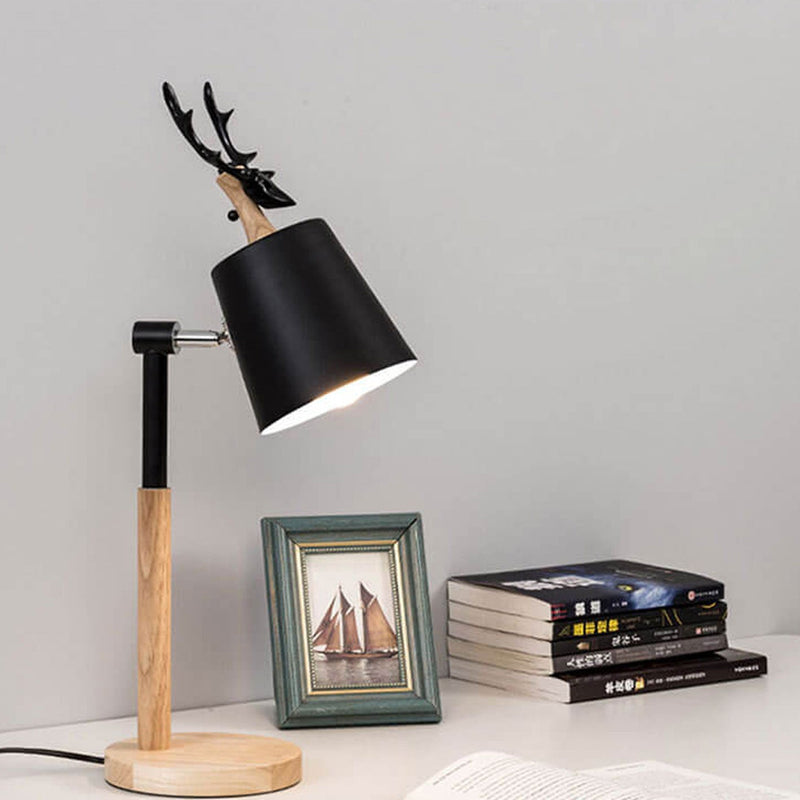 Lampe de table 1 lumière en bois et fer au design créatif nordique avec motif de renne 