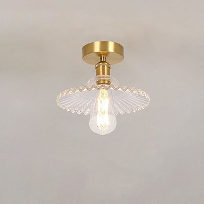 Japanese Vintage Glass Brass Lotus 1-Light Semi-Flush Mount Ceiling Light