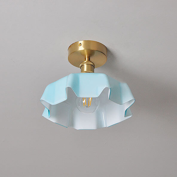 Japanese Vintage Cream Glass Floral Brass 1-Light Semi-Flush Mount Ceiling Light