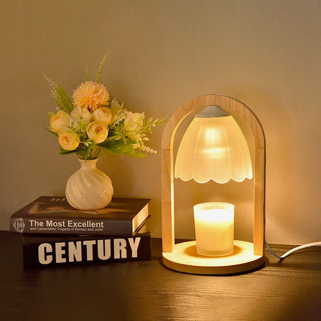 Lampe de Table à Cire Fondue avec Abat-jour en Verre et Anneau en Bois Moderne à Intensité Variable 1 Lumière 