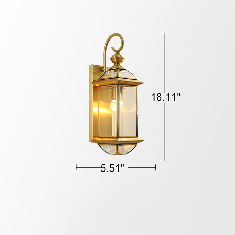 European Simple Copper Glass Square Lantern 1-Light Outdoor Waterproof Wall Sconce Lamp