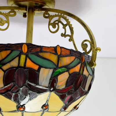 European Tiffany Red Tulip Stained Glass 2-Light Semi-Flush Mount Ceiling Light