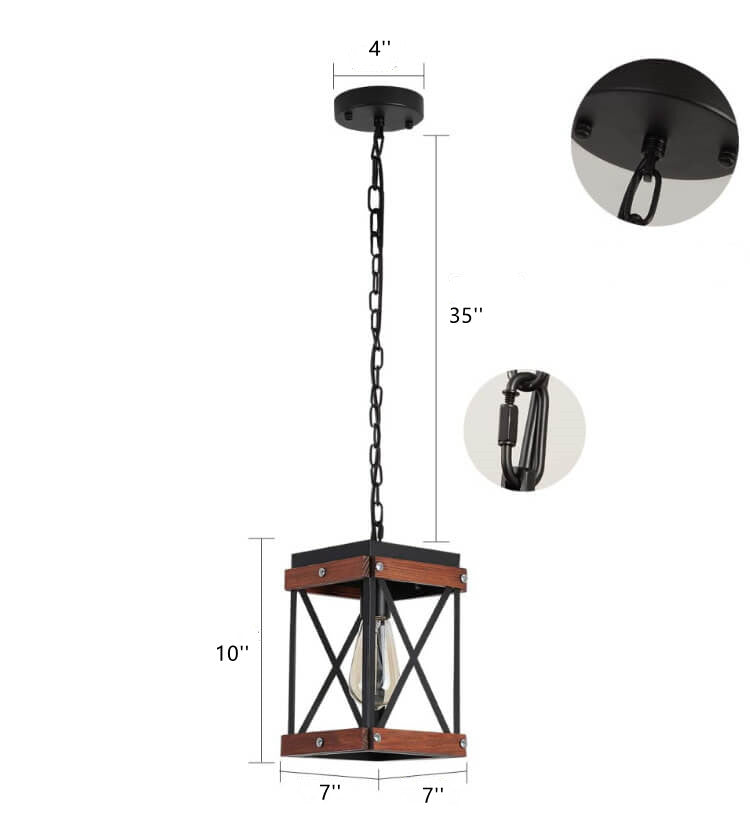 Iron Wooden Cage 1-Light Adjustable Square Pendant Light