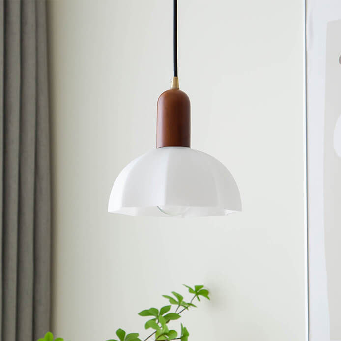 Suspension Luminaire 1 Lumière en Noyer Moderne avec Abat-Jour en Verre Vintage 