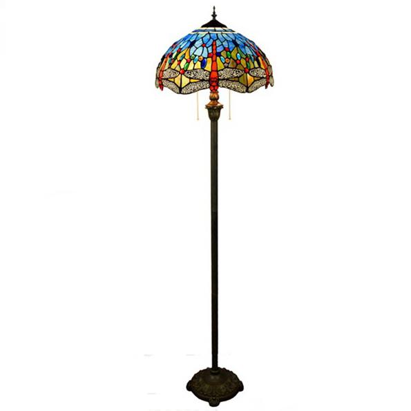 Lámpara de pie de 2 luces con vitral Tiffany vintage y libélula azul 