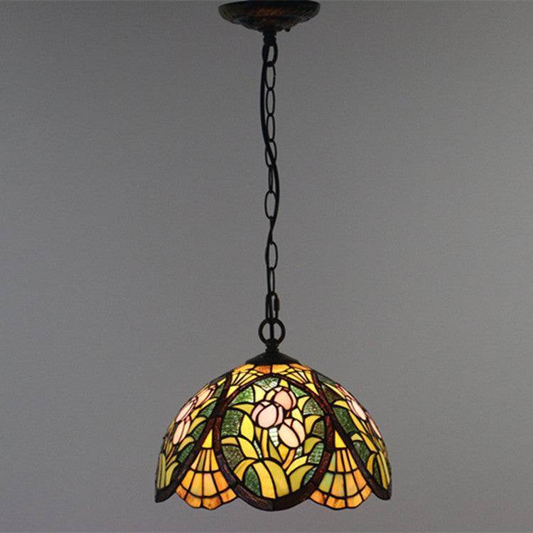 Traditionelle 1-flammige Tiffany-Pendelleuchte mit Blumenmotiv aus Buntglas und Eisenschirm für Wohn- und Schlafzimmer 