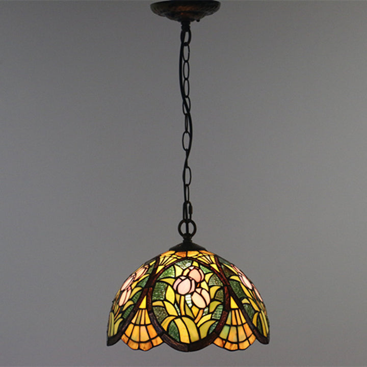 Traditionelle 1-flammige Tiffany-Pendelleuchte mit Blumenmotiv aus Buntglas und Eisenschirm für Wohn- und Schlafzimmer 