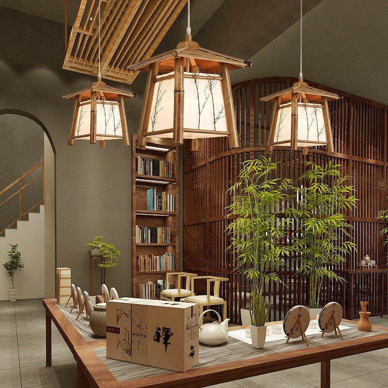 Traditional Japanese Bamboo Weaving Metal 1-Light Pendant Light For Dining Room