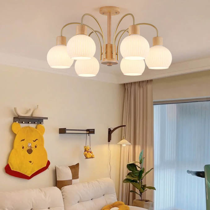 Moderna Lámpara Redonda de Crema de Hierro Madera Maciza Vidrio 6/8 Luces Candelabro 