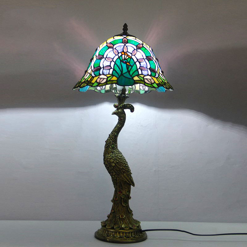 Vintage Tiffany Peacock Gem Dome Glass Resin 1-Light Table Lamp