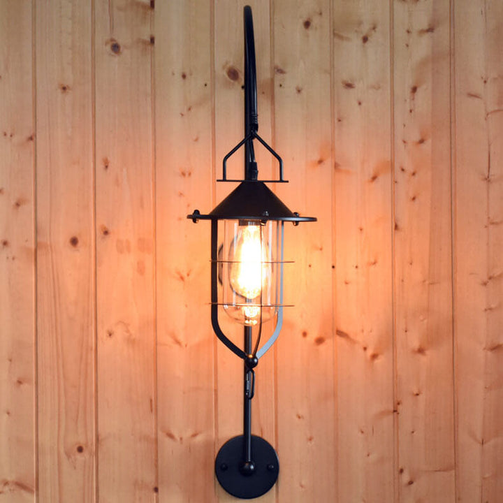 Contemporary Industrial Iron Glass Cage Curved Arm 1-Light Wall Sconce Lamp For Living Room &amp; Bedroom