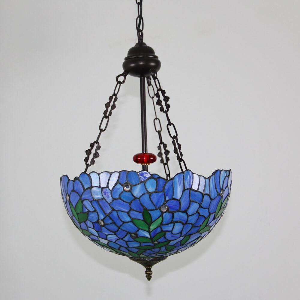 Lámpara de araña redonda de 3 luces de estilo vintage tradicional Tiffany con herrajes y vidrio teñido violeta 