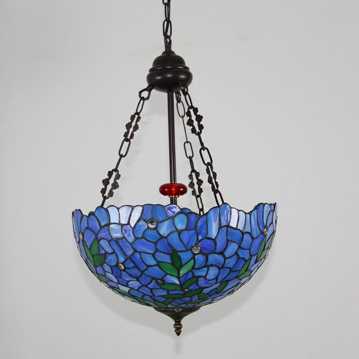 Lámpara de araña redonda de 3 luces de estilo vintage tradicional Tiffany con herrajes y vidrio teñido violeta 