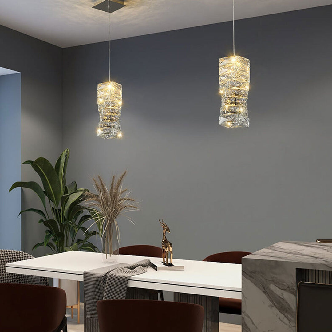 Moderne Luxus Kristallsäule Edelstahl LED Pendelleuchte 