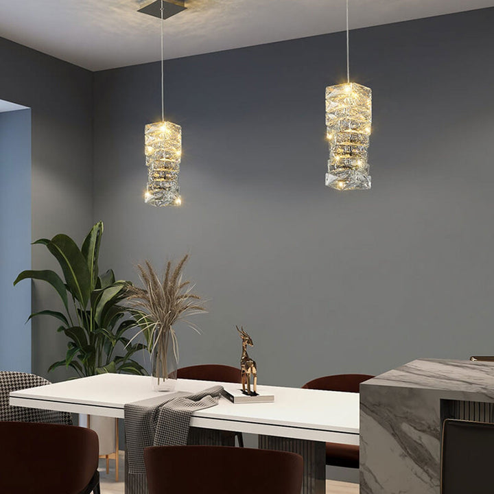Moderne Luxus Kristallsäule Edelstahl LED Pendelleuchte 