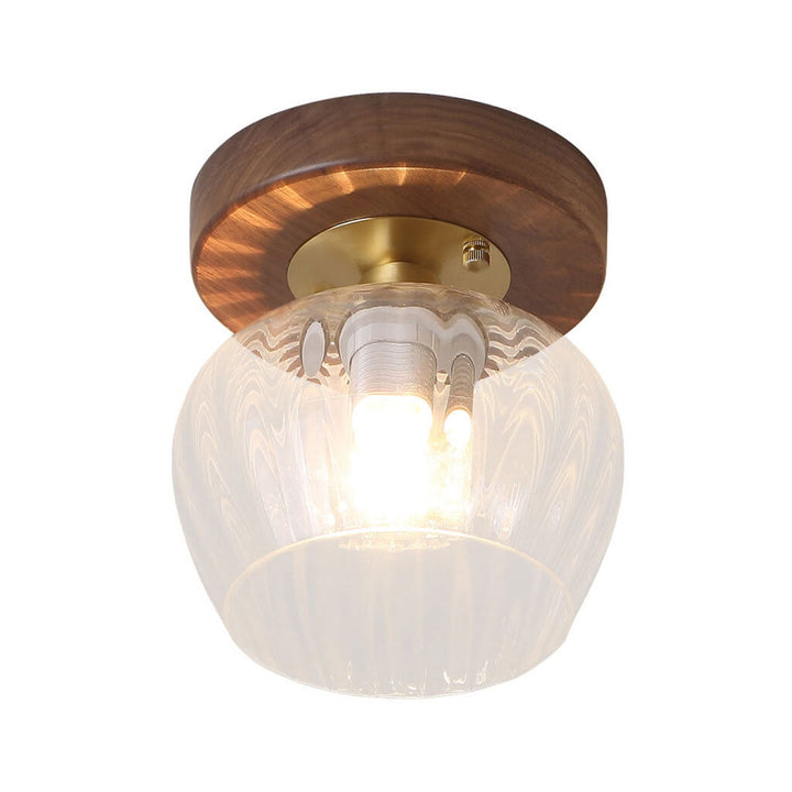 Luz de techo semiempotrada de 1 luz con base de madera y vidrio moderno en forma de cúpula 
