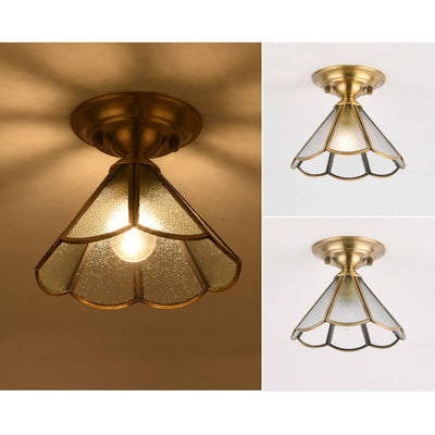 European Luxury Brass Glass Cone 1-Light Semi-Flush Mount Ceiling Light