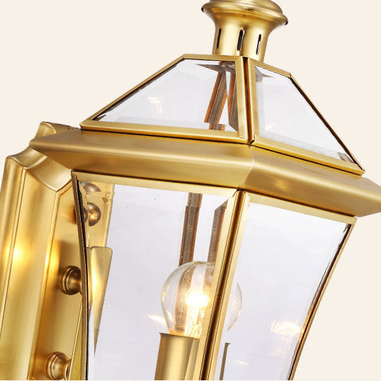 European Modern Luxury Hexagonal Lantern Brass Glass Waterproof 1-Light Outdoor Wall Sconce Lamp