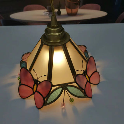 Japanese Nordic Brass Butterfly Stained Glass Cone 1-Light Pendant Light