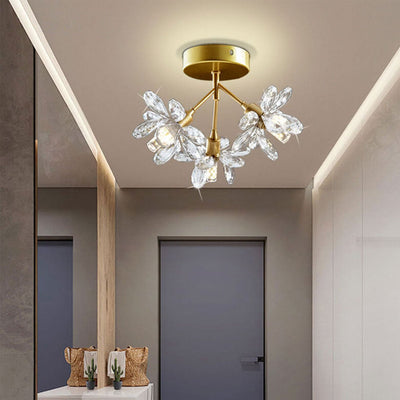 Modern Light Luxury Crystal Flower Design 3-Light Semi-Flush Mount Light
