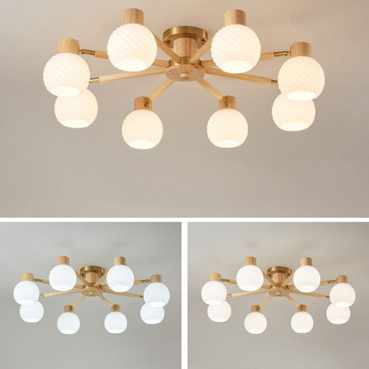 Plafón de techo tradicional japonés Wabi-sabi de madera de caucho, herrajes y vidrio de 3/6/8 luces para sala de estar 