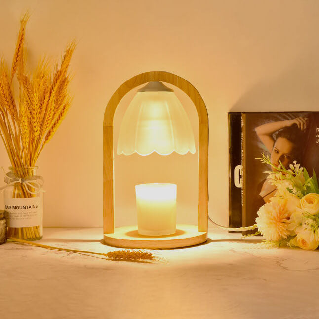 Lampe de Table à Cire Fondue avec Abat-jour en Verre et Anneau en Bois Moderne à Intensité Variable 1 Lumière 