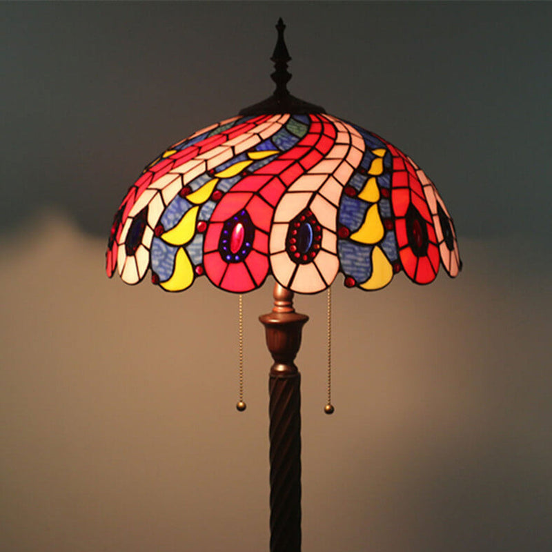 European Tiffany Peacock Tail Stained Glass 2-Light Standing Floor Lamp