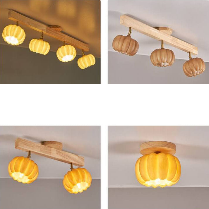 Japanese Simple Solid Wood Pumpkin Shape 1/2/3/4/5-Light Semi-Flush Mount Ceiling Light