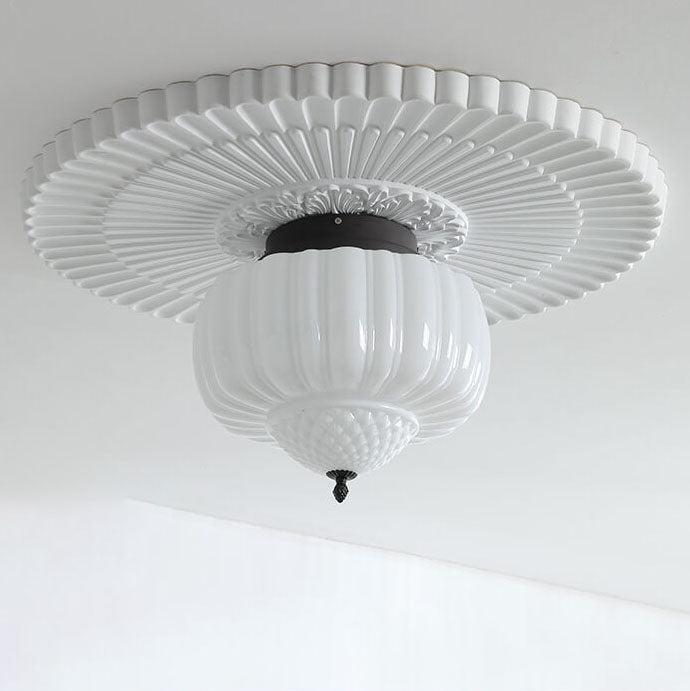 Modern Minimalist Cream Lantern Iron Glass 3-Light Semi-Flush Mount Ceiling Light For Bedroom