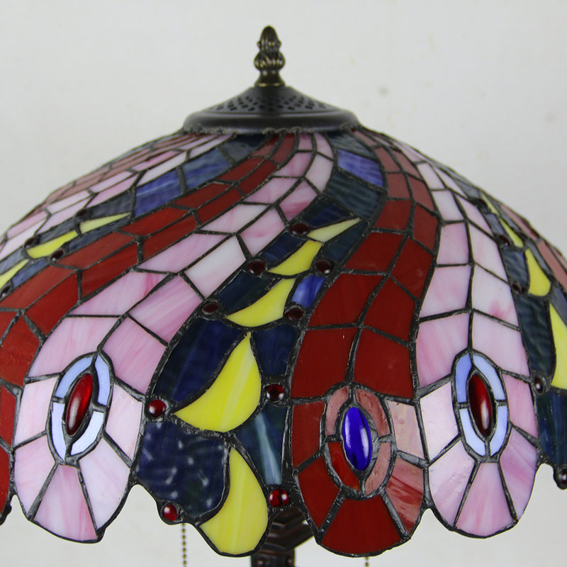 Tiffany Mediterranean Stained Glass Cone Pull Cord 2-Light Table Lamp