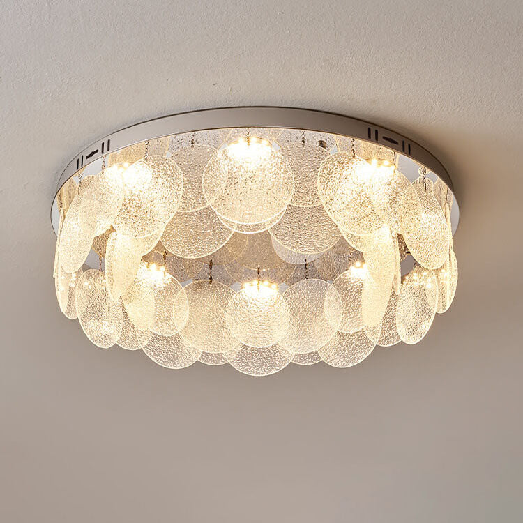 Zeitgenössische Luxus-Deckenleuchte aus Edelstahlrahmen mit Wasserstrukturglas, rundem Blatt und 8 Lichtern für das Wohnzimmer 