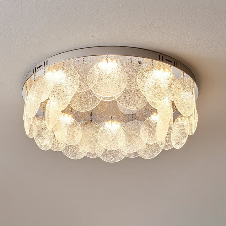 Zeitgenössische Luxus-Deckenleuchte aus Edelstahlrahmen mit Wasserstrukturglas, rundem Blatt und 8 Lichtern für das Wohnzimmer 