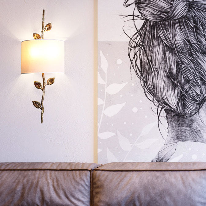 Modern Luxury Copper Branch Leaf Fabric 2-Light Wall Sconce Lamp For Living Room