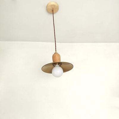 Japanische Vintage Massivholz Messing Scheune 1-Licht Pendelleuchte
