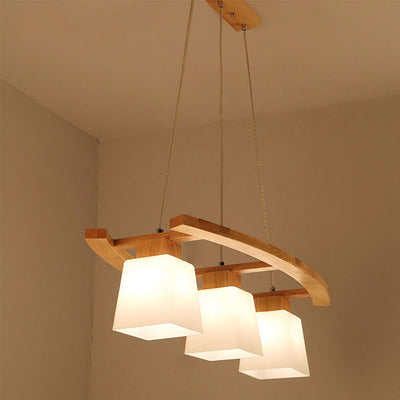 Nordischer minimalistischer Massivholz-Glas-Insel-Licht-Kronleuchter mit 3 Lichtern