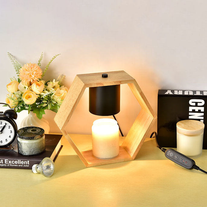 Zeitgenössische nordische sechseckige Tischlampe aus Holz und Metall mit 1 Flamme und schmelzendem Wachs für das Schlafzimmer 
