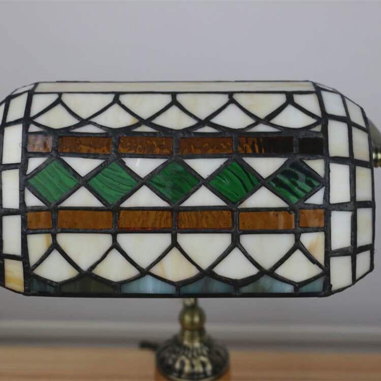Lampe de table de banque vintage Tiffany Diamond Line en verre teinté à 1 lumière 