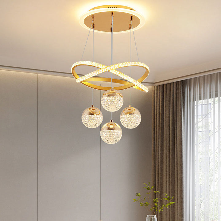 Moderner luxuriöser LED-Kronleuchter aus Acryl und Eisen mit Kugeln und geschwungener Form für das Wohnzimmer 