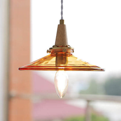 Vintage Orange Glass Cone Solid Wood 1-Light Pendant Light