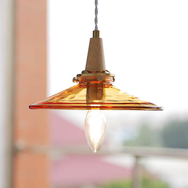 Vintage Orange Glass Cone Solid Wood 1-Light Pendant Light