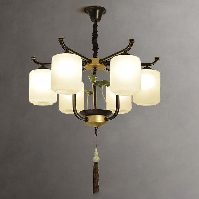 Traditioneller chinesischer Eisenrahmen Zylinder Glasschirm 6/8/10/12-Licht Kronleuchter für Wohnzimmer 