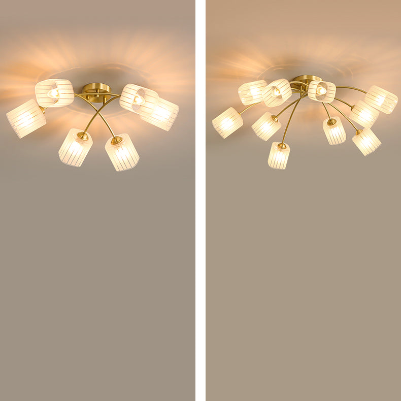 Traditionelle japanische mattierte quadratische Glas-Kupfer 6/8-Light Semi-Flush-Mount-Deckenleuchte für das Wohnzimmer 